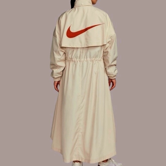 NEW Nike Beige Long Trench Coat with Orange Swoosh - Picture 3 of 16